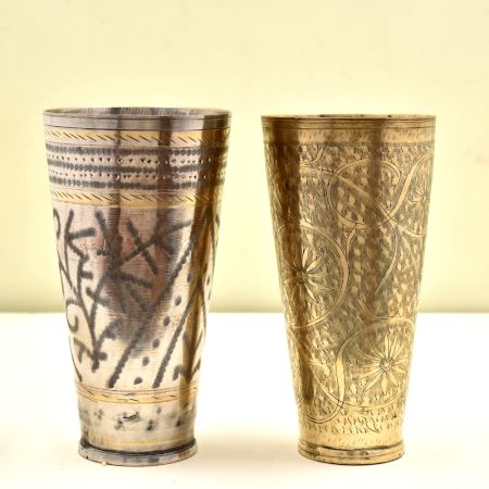 Golden Brass Embossed Floral Engraved Lassi Glass - Set of 2